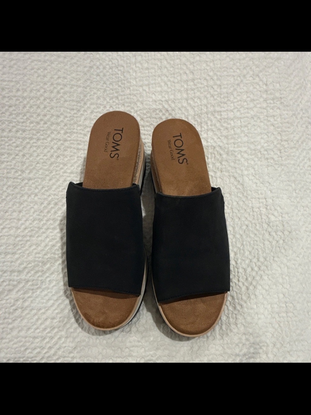 Toms Black Open-Toe Slide Mules with Brown Footbed